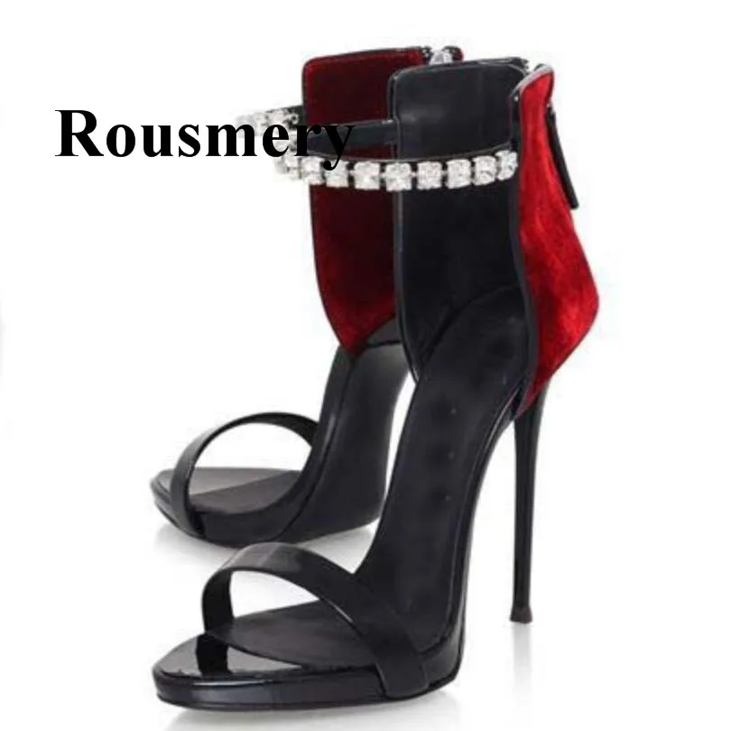 

Newest Mixed Colors Sexy Crystal Thin High Heel Open Toe Cover Heel Rear Zipper Fashion Rome Style Summer Women Sandals