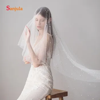 

Two-Layers Bridal Wedding Veil Ivory Stunning Pearls Bride Veil with Comb Middle Length Veils voile mariage V01