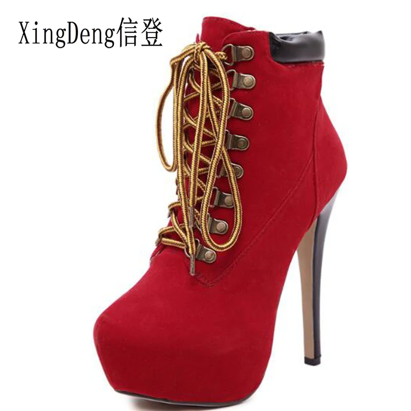 

XingDeng Women Thin Heels Round Toe Flock Lace Up Bandage High Heel Ankle Motorcycle Boots Shoes Lady Party Office Riding Boots