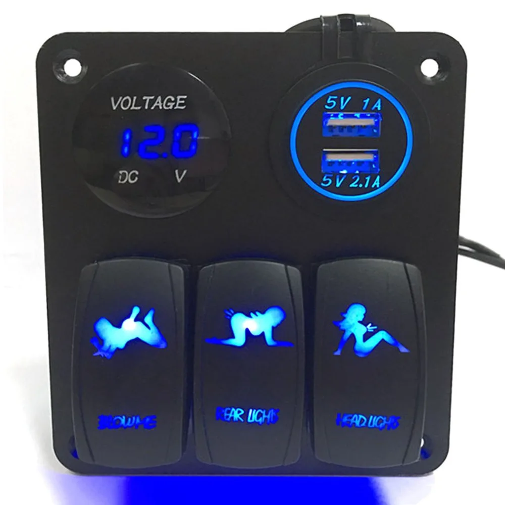 

Marine/Boat Car Combination Switch Panel 3 Gang with Cigarette Socket and Dual USB Slot Blue LED light On/Off Rocker Switch