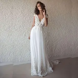 Лори сексуальное свадебное платье Бохо длинное с открытой спиной белое пляжное свадебное платье Аппликации Кружева v-образный вырез