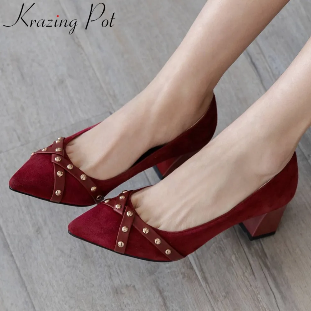 

Krazing Pot full grain leather rivet decoration block high heels office lady dress elegant pumps pointed toe superstar shoes L87