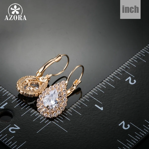 AZORA Shiny Gold Color Clear Cubic Zirconia Tear Drop Earrings TE0150