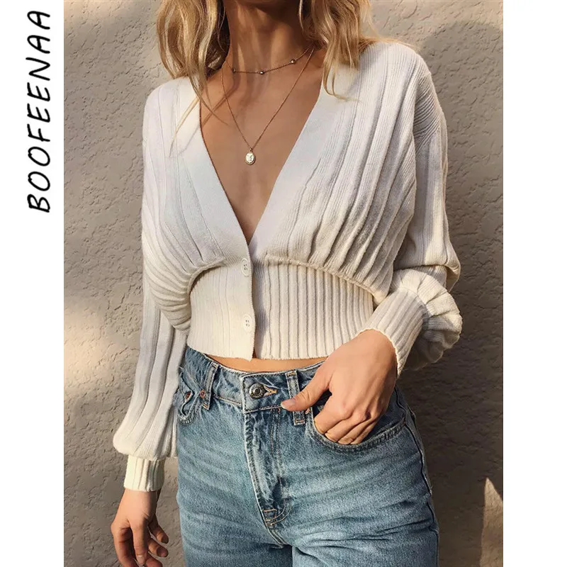 

BOOFEENAA Knitted Cardigan Sweater Women Fall 2019 Single-breasted V-neck Lantern Sleeve Casual Sweaters White Green C83-AF80