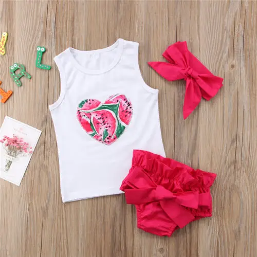 Toddler Baby Girl Kids Heart Watermelon Print Sunsuit Clothes Set 3Pcs Casual Cute Vest Blouse Sleeveless Top Rompers Clothing