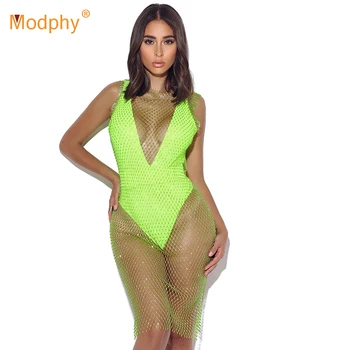 

2019 Summer New Women's Sexy Mesh Diamond Dress Sleeveless Hollow Bodycon Dress Club Party Nightclub Beach Dress Vestidos