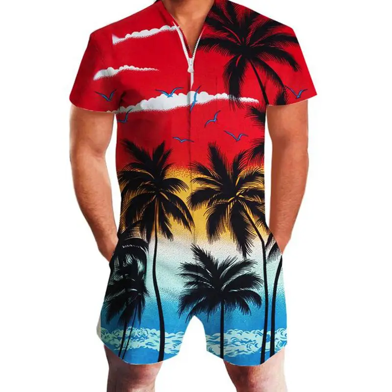 2020 Hawaiian Beach 3D Print Coconut Tree Men Rompers Sunset Jumpsuit ...