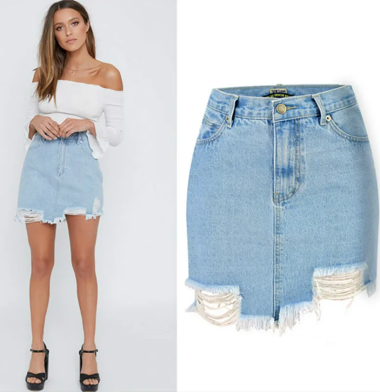 

Summer Jeans Skirt Women High Waist Hole Ripped Denim Skirts Female Mini Washed Casual Irregular Tassel Skirts