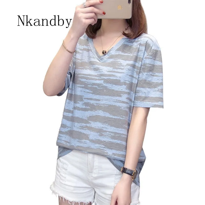 

Plus Size V Neck T-shirts Summer Woman Striped Short Sleeve Basic Tshirt Oversize Vintage Tee Shirt Femme 4xl Tops 2019 Clothing