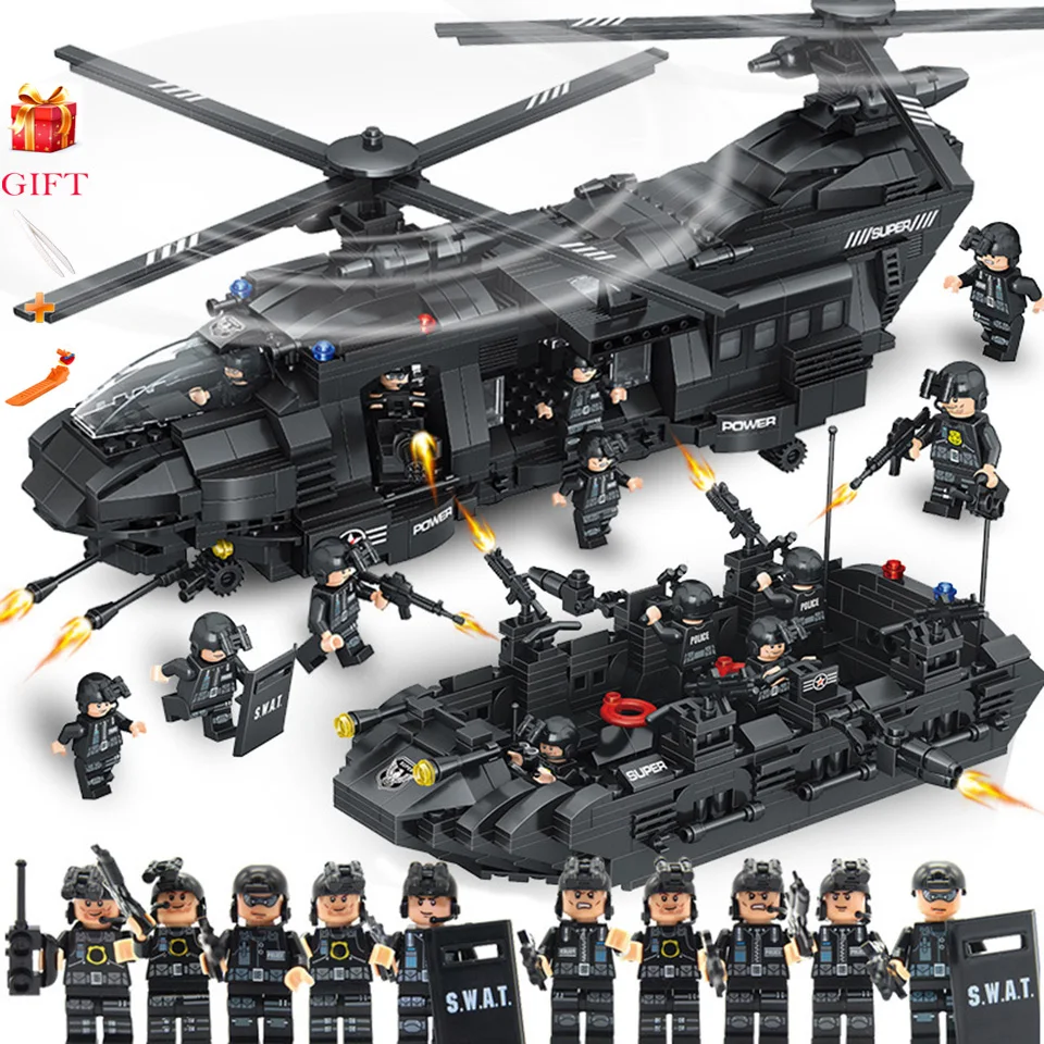 

Military SWAT Police Team Building Blocks for Kids Transport Helicopter Army Micro Plastica Bricks Toys World Gift