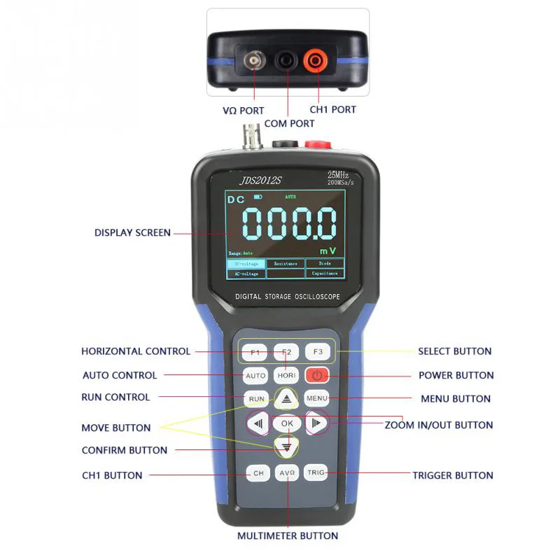 Jinhan JDS2012S 4000 отсчетов Цифровой мультиметр 25 МГц 200MSa/s Портативный цифровой осциллограф