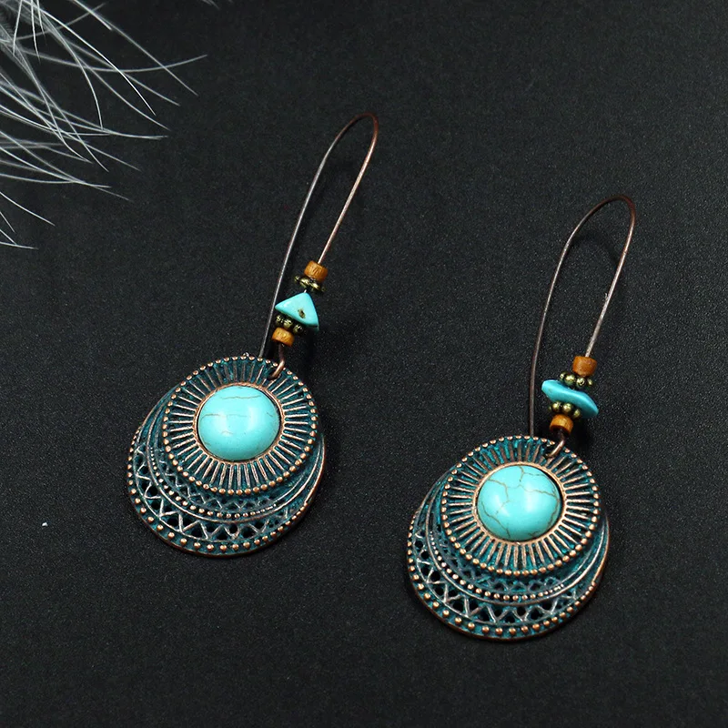 

Women Bohemian Earrings Long Round Green Jewelry Antique Green Metal Earrings For Women