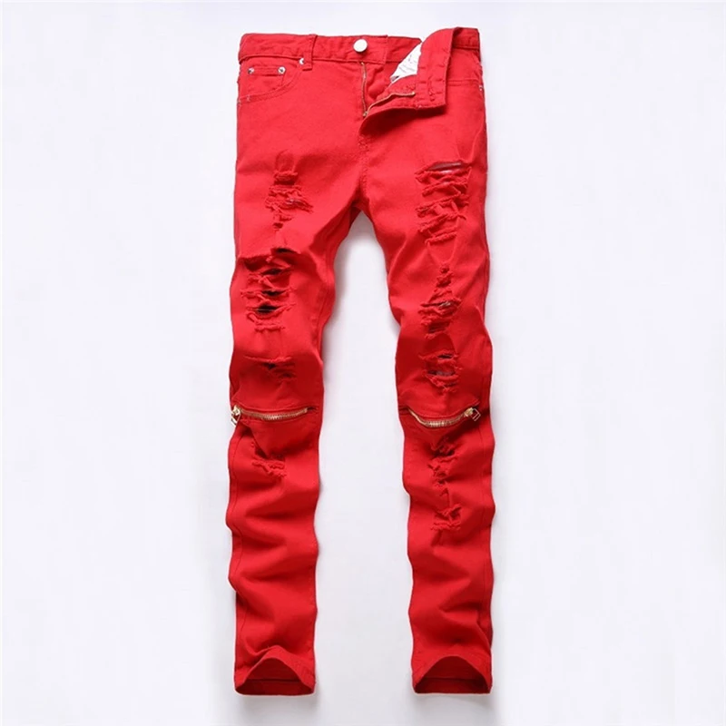 Новые мужские мульти молнии сломанные рваные брюки мужские s джоггеры повседневные узкие брюки Pantalon красный белый черный - Цвет: red