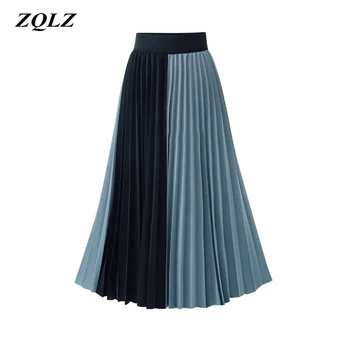 

Zqlz 2019 Fashion Patchwork Chiffon Pleated Long Skirt Women Summrt Elastic High Waist Mid-calf Length Blue Vintage Skirts