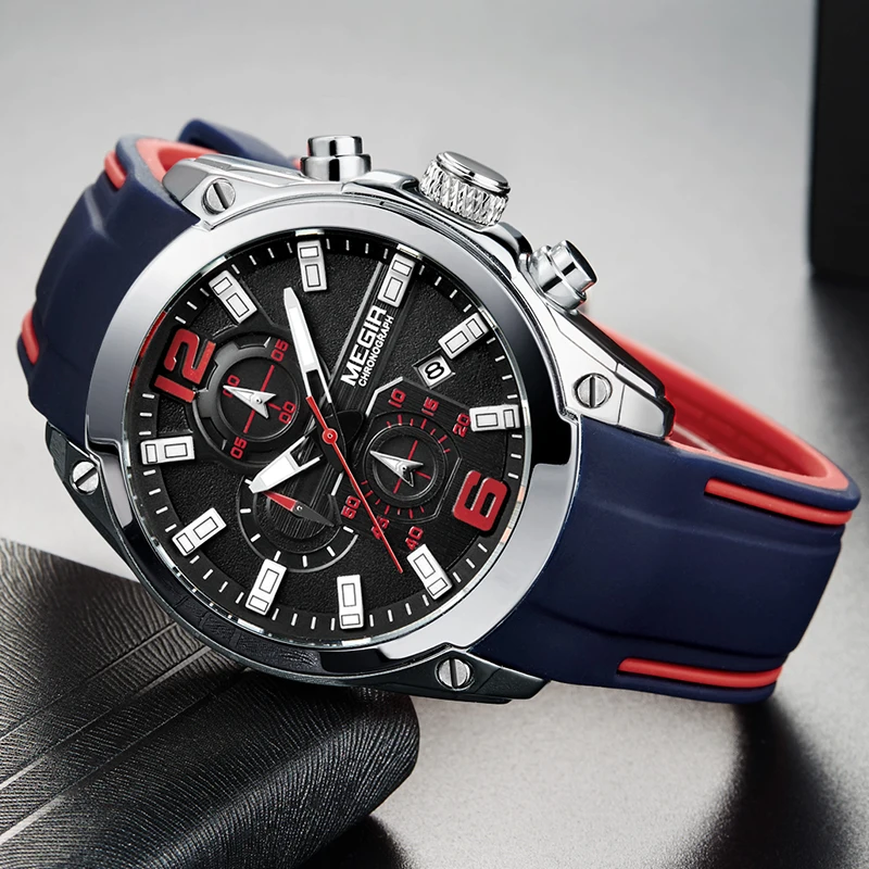 

Megir Men's Chronograph Analog Quartz Watch with Date, Luminous Hands, Waterproof Silicone Rubber Strap Wristswatch for Man