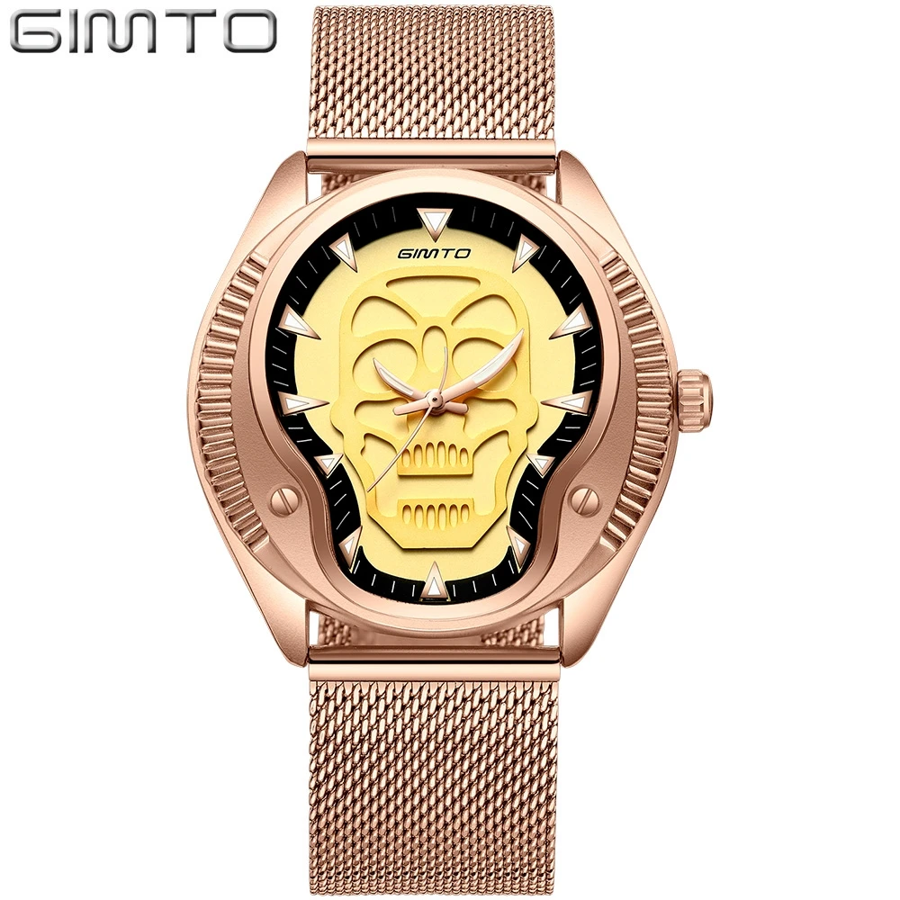 

GIMTO 2018 Vintage Punk Skull Watch Men Steel Rose Gold Clock Luxury Brand Quartz Military Boy Male Watches Relogio Masculino
