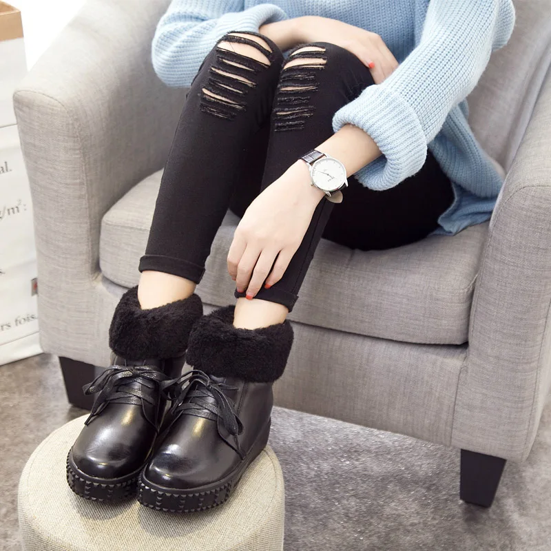 

Warm Shoes Women Fashion Brand Snow Boots Lady chaussure Brown Winter Female footware Real leather Cross-tied Ankle Boots Black