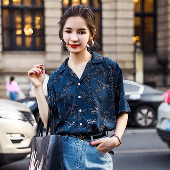 

TREND-Setter 2018 Summer Casual Retro Women Shirt Chiffon Short Sleeve Blue Blouse Streetwear