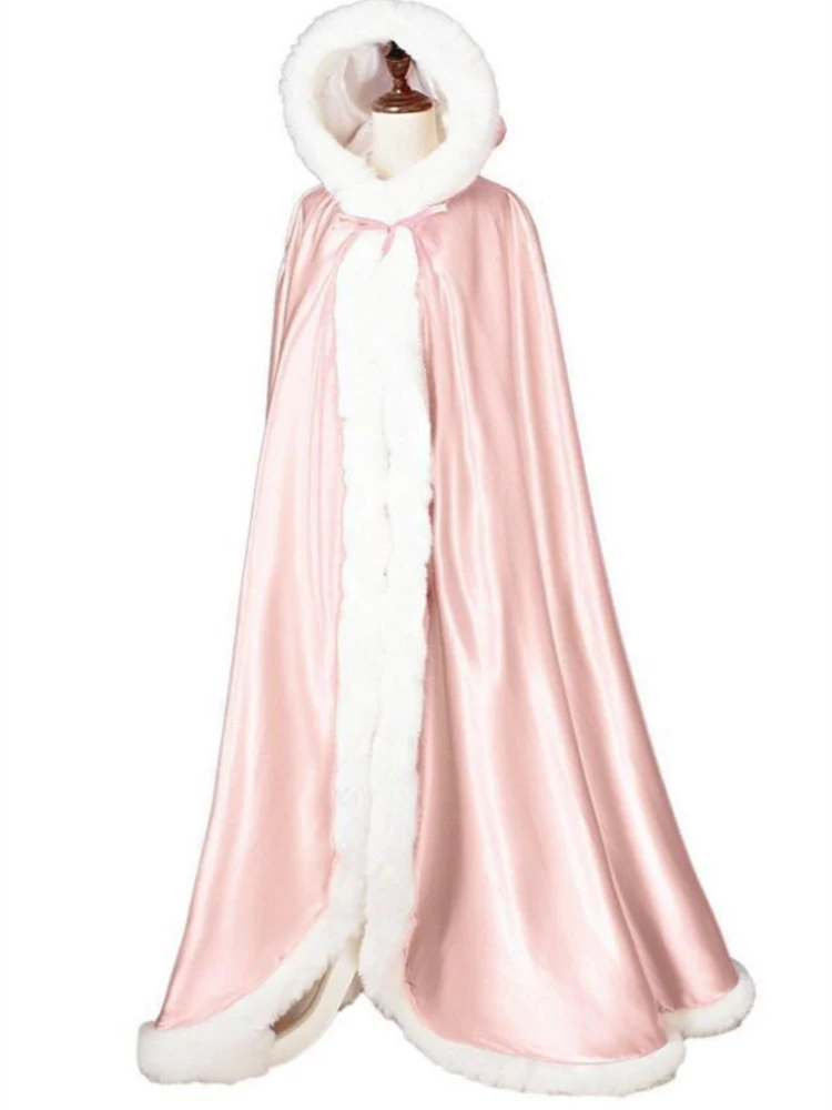 Свадебный плащ Зимний с капюшоном из искусственного меха отделка атласная Свадебная шаль накидка Свадебные Длинные вечерние свадебные накидки для невесты - Цвет: Розовый