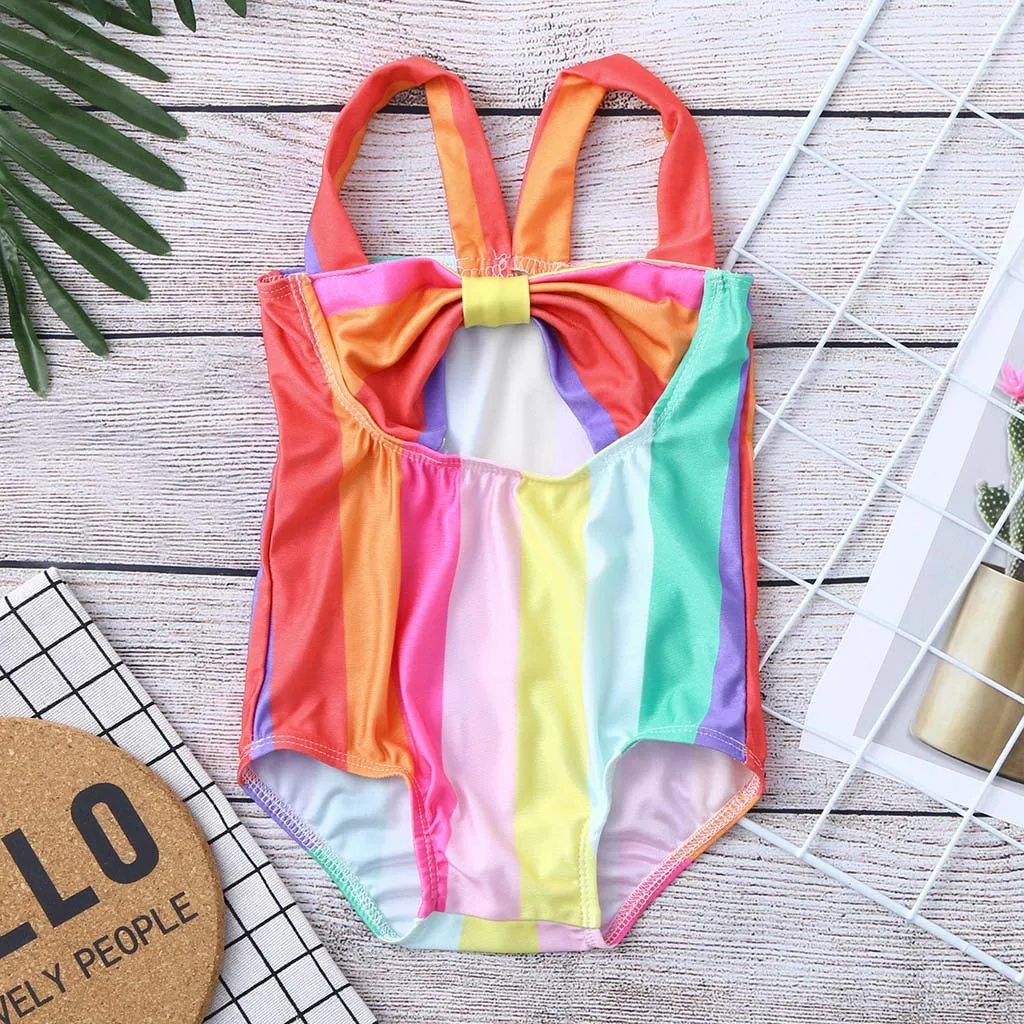 Girls Rainbow Striped Bowknot One Piece Swimsuit Children Strap Swimwear Toddler Kids Beach Swim Suit Baby Maillot De Bain