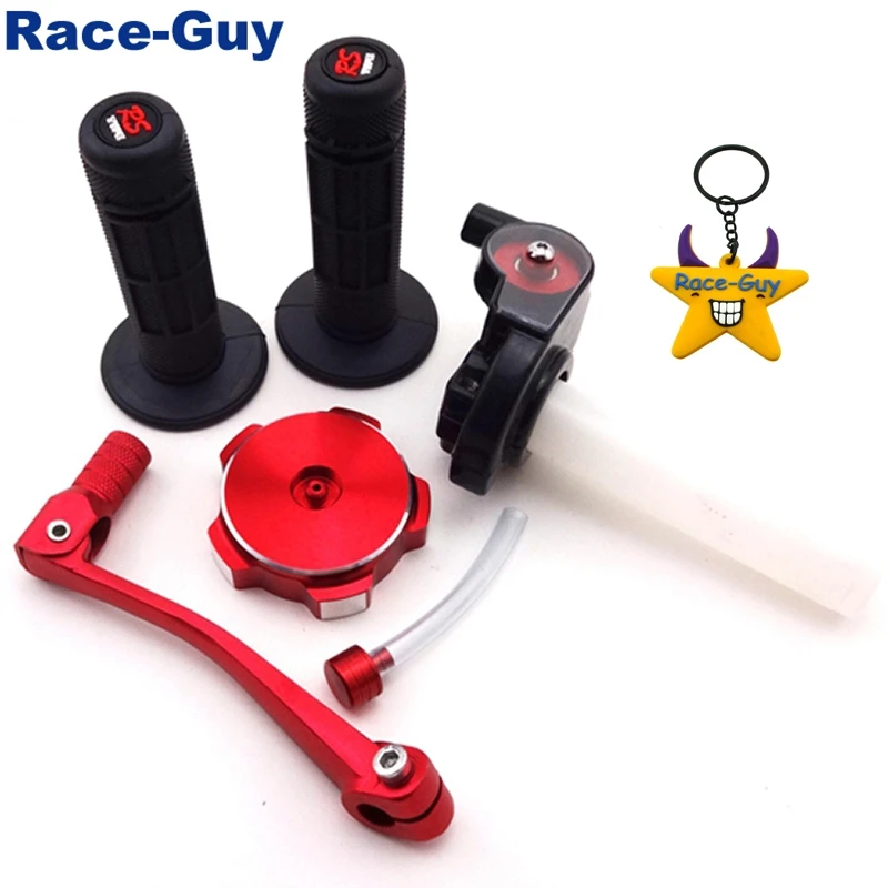 

Twist Throttle + Handle Grips + Fuel Tank Cap Cover + Red 11mm Folding Gear Shifter Lever For CRF 50 70 SSR Thumpstar SSR Chines