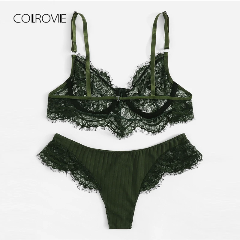 COLROVIE Army Green Eyelash Lace Sexy Lingerie Set 2018 Women Wireless Transparent Underwear Set Female Elegant Intimates