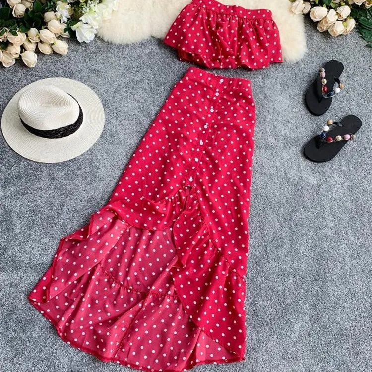 

Women Polka Dot Chiffon Two Piece Set Bohemian Suit 2019 New Crop Tops And Ruffles Long Skirt Beach Party Outfits