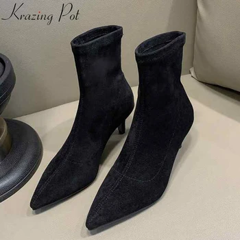 

Krazing pot new velvet flock med heel winter Autumn pointed toe dating modern Chelsea office lady short stretch ankle boots l01