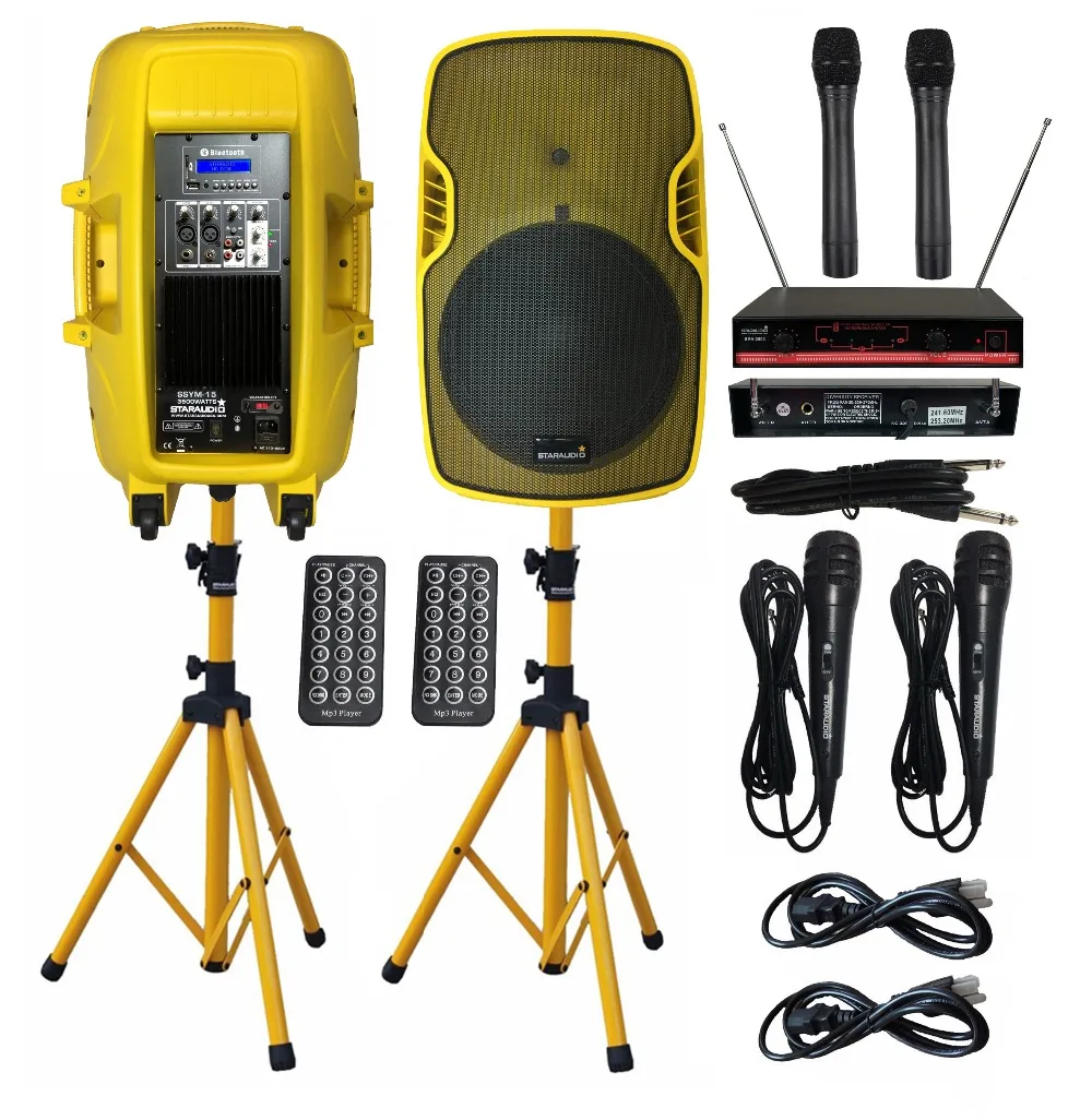 

STARAUDIO 2Pcs 3500W 15" Party Active Speakers PA DJ Power Speaker Stands Wired Mic 2CH VHF Wireless Handheld Microphone SSYM-15