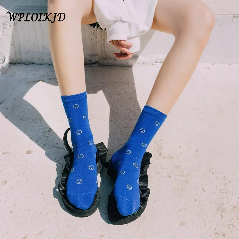 [WPLOIKJD]College Style Combed Cotton Embroidery Smiling Face Colorful Cute Funny Socks Women Skarpetki For Ladies Girl's Gifts