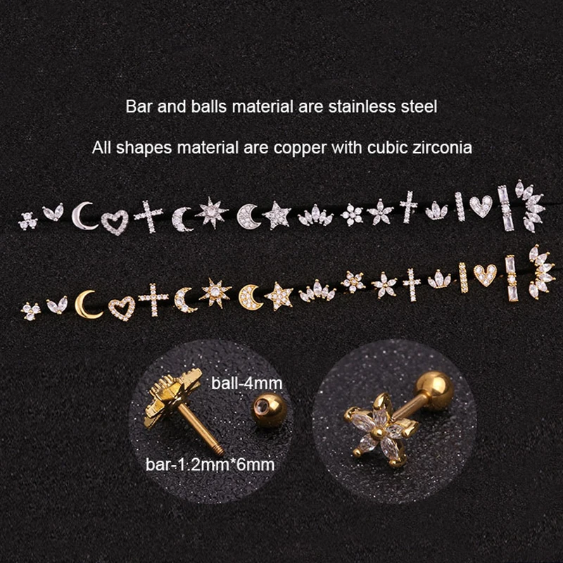 

Sale 1pc Gold And Silver Color Cz Cartilage Stud Moon Star Heart Cross Flower Crown Helix Piercing Tragus Stud Conch Earring