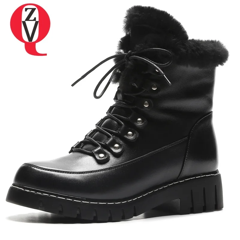

ZVQ 2018 winter new popular concise casual genuine leather women shoes med square heel platform round toe lace-up ankle boots