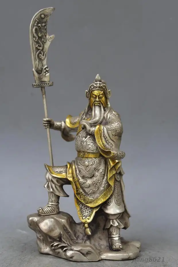 45SHUN 12 &quotКитай Серебряный Бронзовый Guan Gong Дракон Меч охранник двери статуя | Дом и