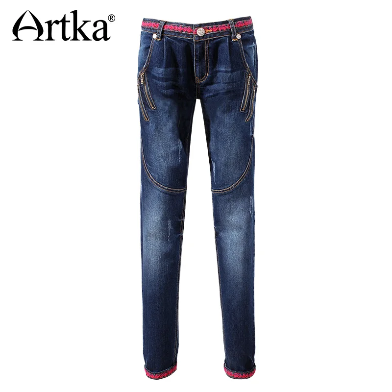ARTKA Women Jeans With Embroidery Vintage Trousers Women 2018 Skinny Jeans Denim Pencil Pants Plus Size Elastic Jeans KN12621D
