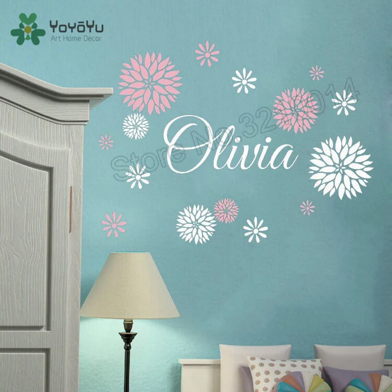 

Personalized Name Wall Sticker Vinyl Art Removeable Poster Mural Flower Patterned With Custom Girls Ornament LX47