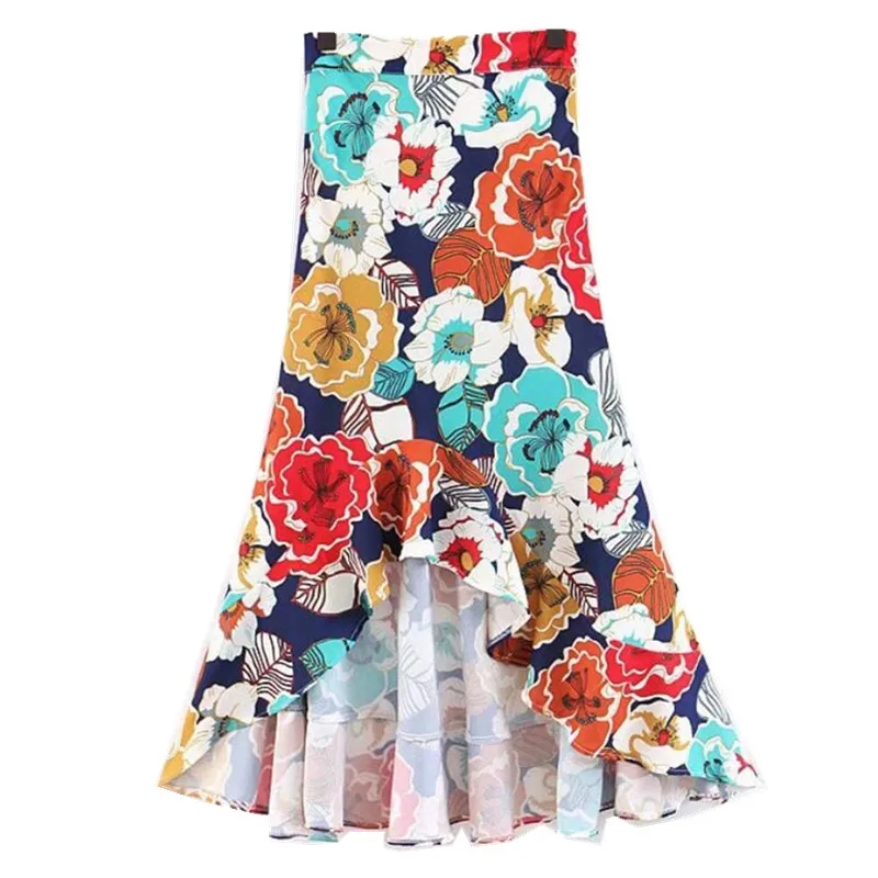 2019 Colored Flower Print Ruffles Hem Skirt Irregular Women Ethnic Zipper Waist Asymmetrical Swallowtail Skirts