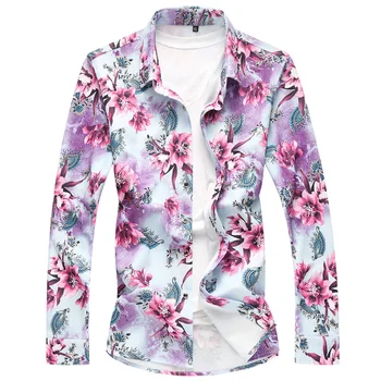 

2018 Male Fashion autumn prints Lapel shirt Men's large size Tops Hawaiian Leisure Long sleeve High-quality Hit color shirt