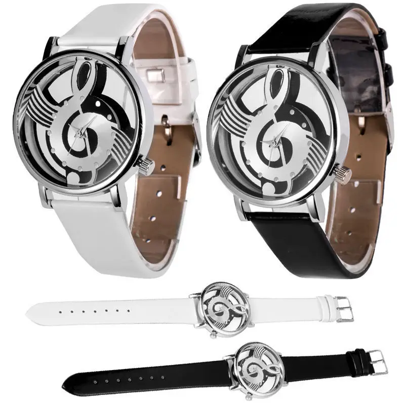 Shellhard Fashion PU Band Stainless Steel Analog Quartz Casual Watch Notation Hollow Music Men Women Wrist Watch Montre Femme