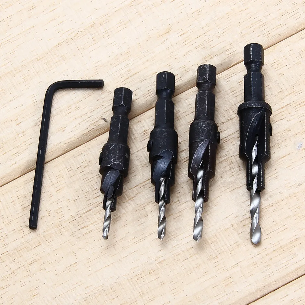 4PCS 1/4 Hex Quick Change Shank 6# 8# 10# 12#   COUNTERSINK TAPERED DRILLS BITS CONE REAMING DRILL BIT SET WOOD WOODWORKING TOOL