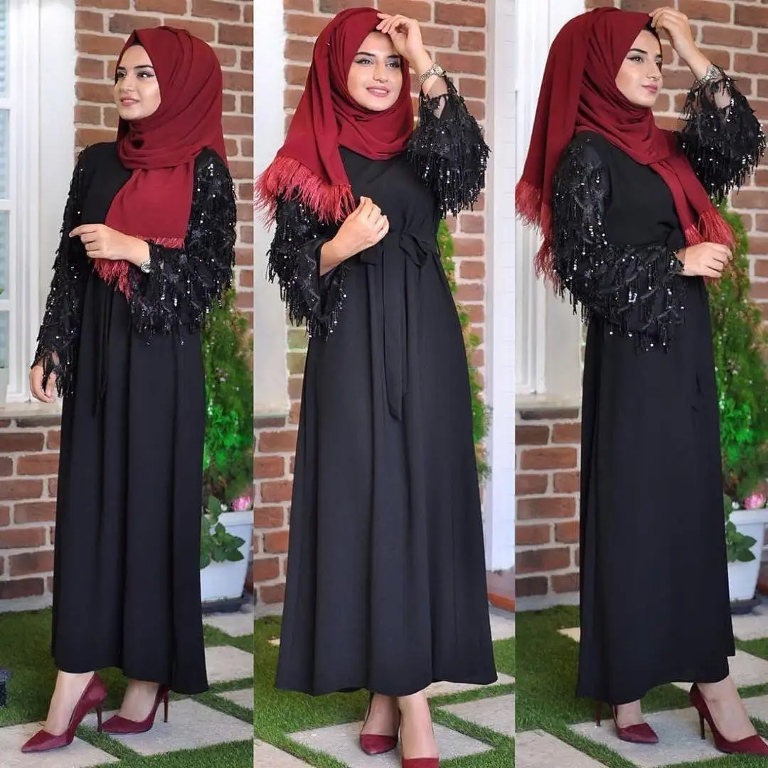 Новое Женское длинное платье с блестками и кисточками abaya Дубай мусульманское платье вечерние платья Арабский исламский костюм Молитвенное платье хиджаб пояс платье