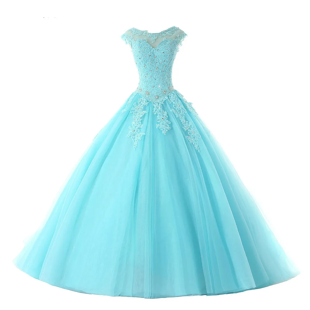 

2019 Hot Sale Ball Gown Quinceanera Dresses Long Blue Appliques Beaded Cap Sleeves Puffy Sweet 16 Dress Custom Made prom gown