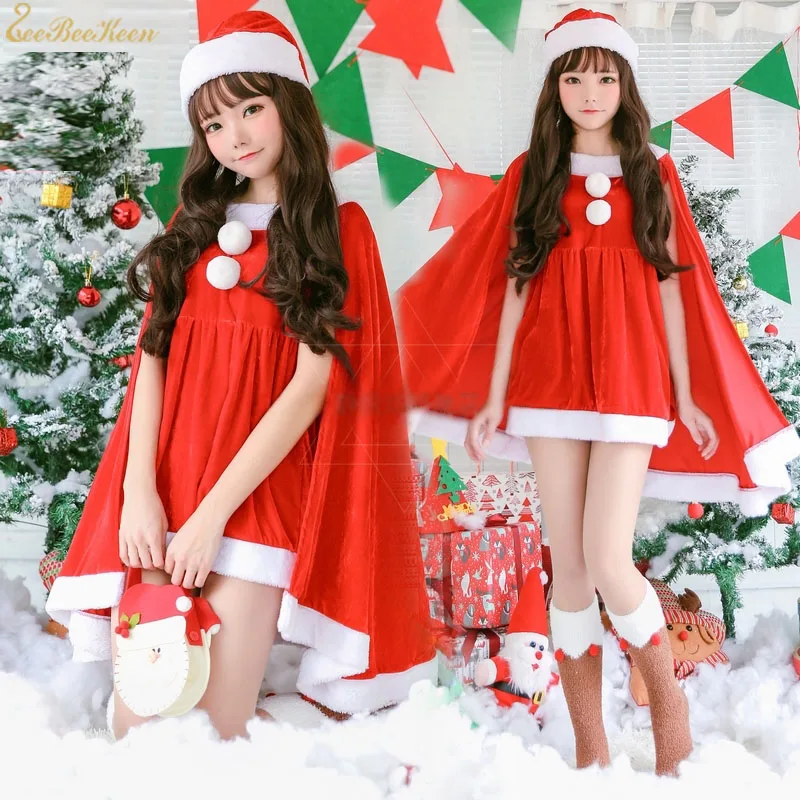 Теплый Зимний Рождественский праздничный костюм для женщин костюм Санта-Клауса костюм для девочек год плащ шляпа платье для вечерние юбка для взрослых