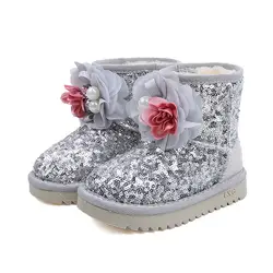 Детские сапоги для девочек с блестками, зимние сапоги с жемчугом и цветочным принтом, обувь принцессы, бархатные толстые зимние сапоги