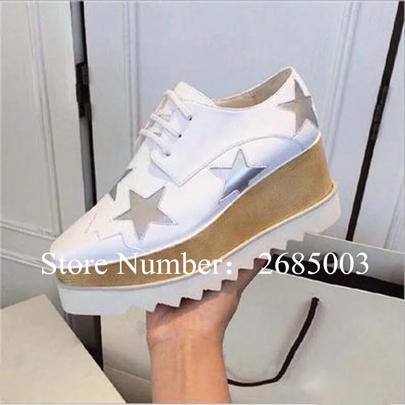 

2017 Stylish Stars Patched Thick Platform Assembled Heels Women Square Toe Casual Shoes Lace-Up Ladies Autumn Outfit Style Shoes