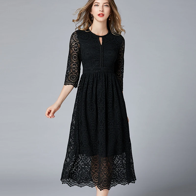 

Plus Size Hollow Out Lace 3/4 Sleeve Tunic Draped Midi Dress Women Elegant Vintage Sexy Office Party Beach Dress Lady Clothing