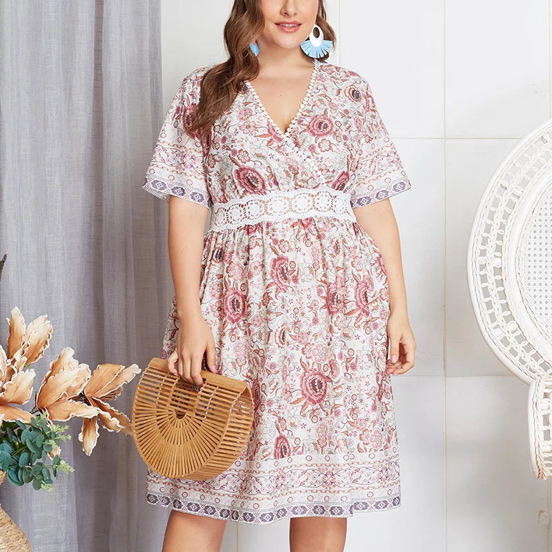 

Big Size Women Dress Summer Autumn Floral Printed Party Dress Robe Female Plus Size Lace Hollow Out V-Neck Dress Mujer A051
