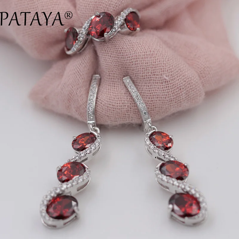 

PATAYA Multicolor Women Luxury True White Gold Bride Jewelry Set Pomegranate Red Oval Natural Zirconia Long Earrings Ring Sets