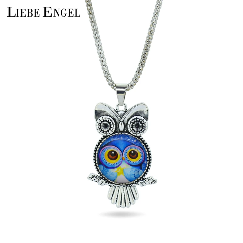 fashion Owl pendant necklace newest glass cabochon necklace in jewelry vintage silver color statement chain necklace