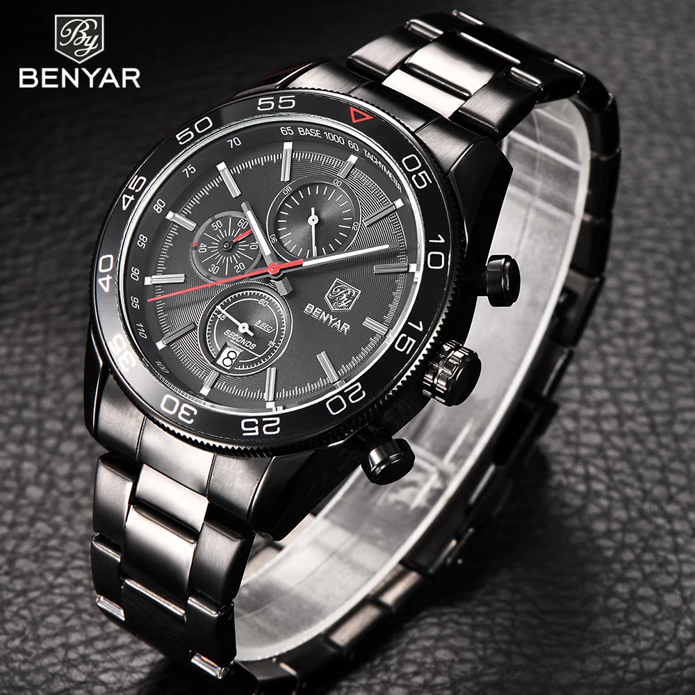 

Benyar Top Brand Watch Men Quartz Wrist Watch Waterproof Full Steel Black Watch Men's Army Male Clock Relogio Masculino Hodinky