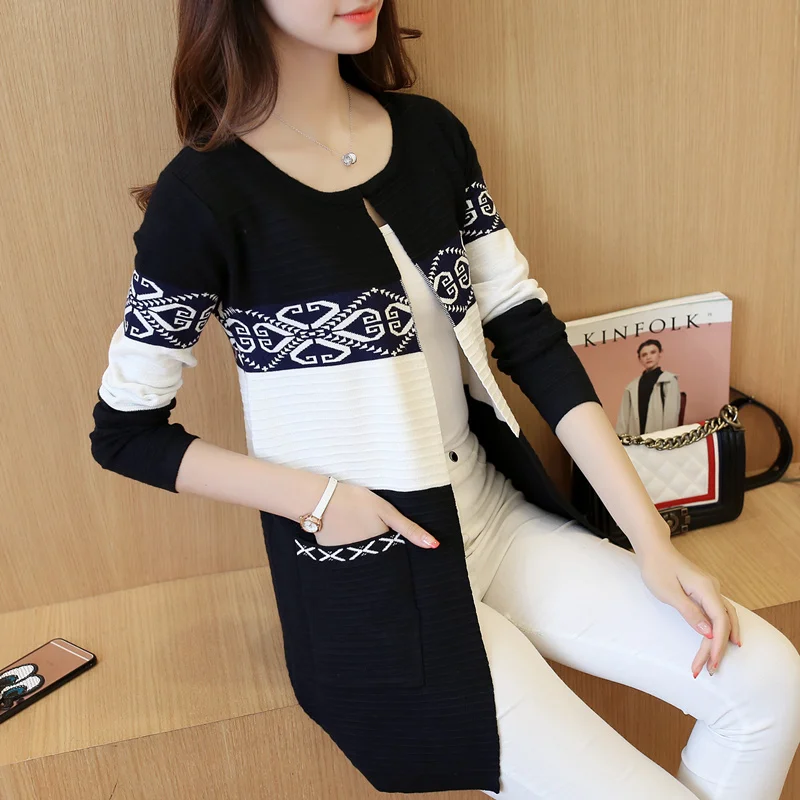 Women Cardigans Vintage Print Women Spring Autumn Medium-long Cardigan 2018 New Female Fashion Pocket Knitted Outerwear Sweater